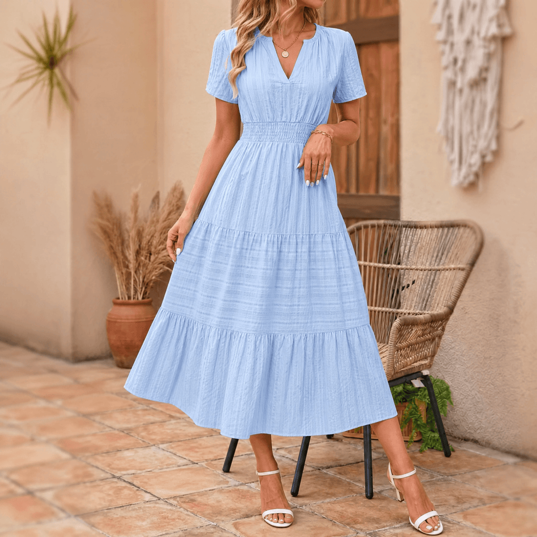 Elodie | Women's White Tiered Midi Dress with Pockets - White - Image 15