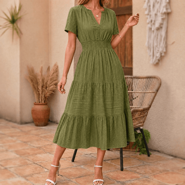Elodie | Women's White Tiered Midi Dress with Pockets - White - Image 16