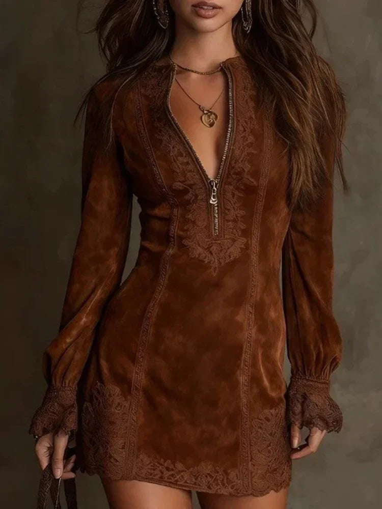 Eloise | Women's Lace Long Sleeve Mini Dress - Navy - Image 2