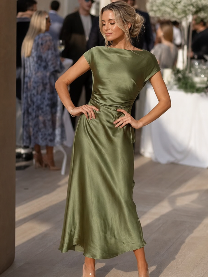 Elowen | Women's Boat Neck Satin Midi Dress - Olive Green - Image 1