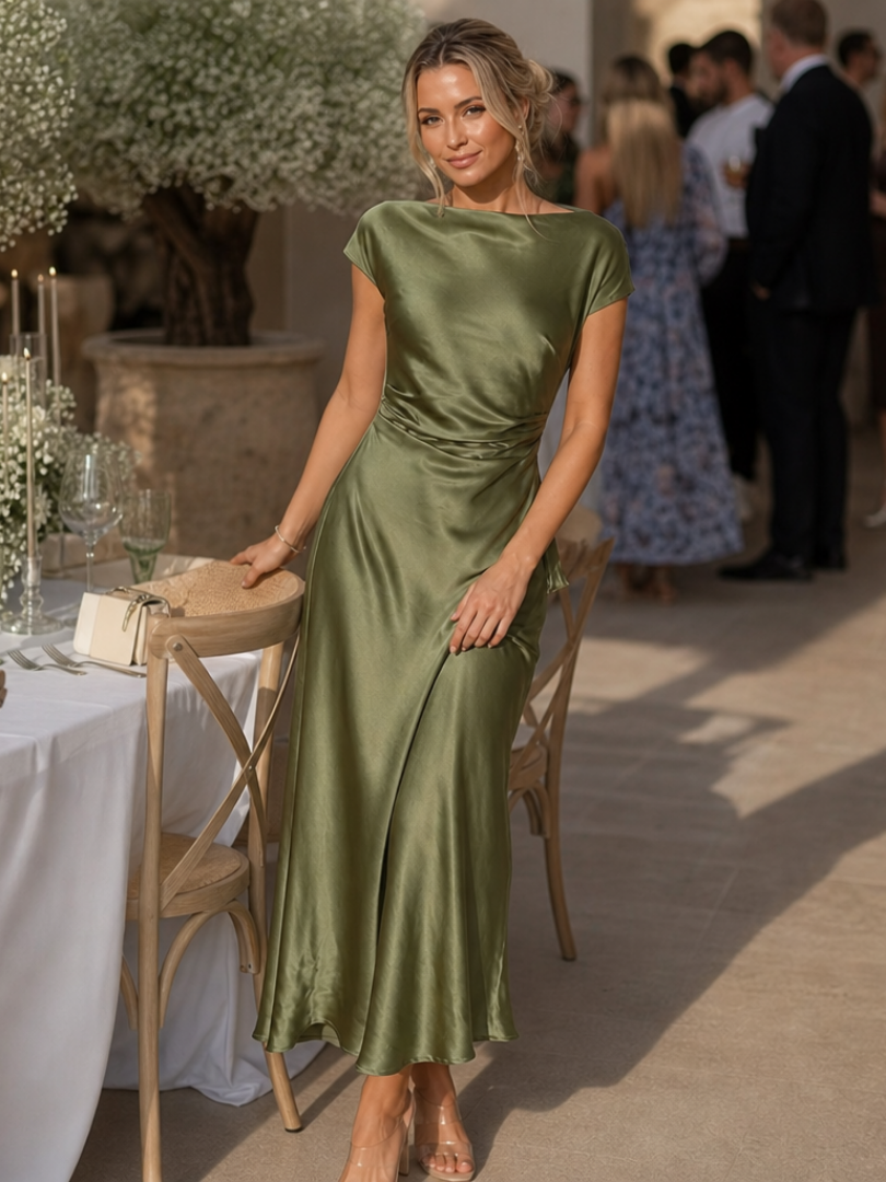 Elowen | Women's Boat Neck Satin Midi Dress - Olive Green - Image 4