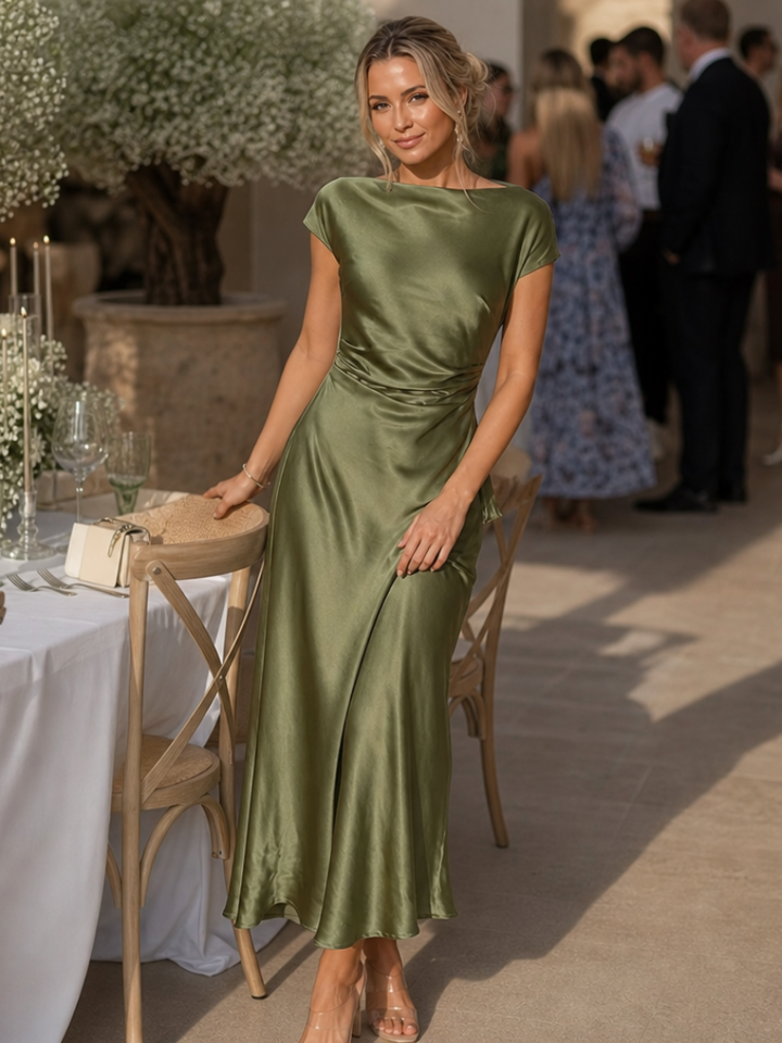Elowen | Women's Boat Neck Satin Midi Dress - Olive Green - Image 4