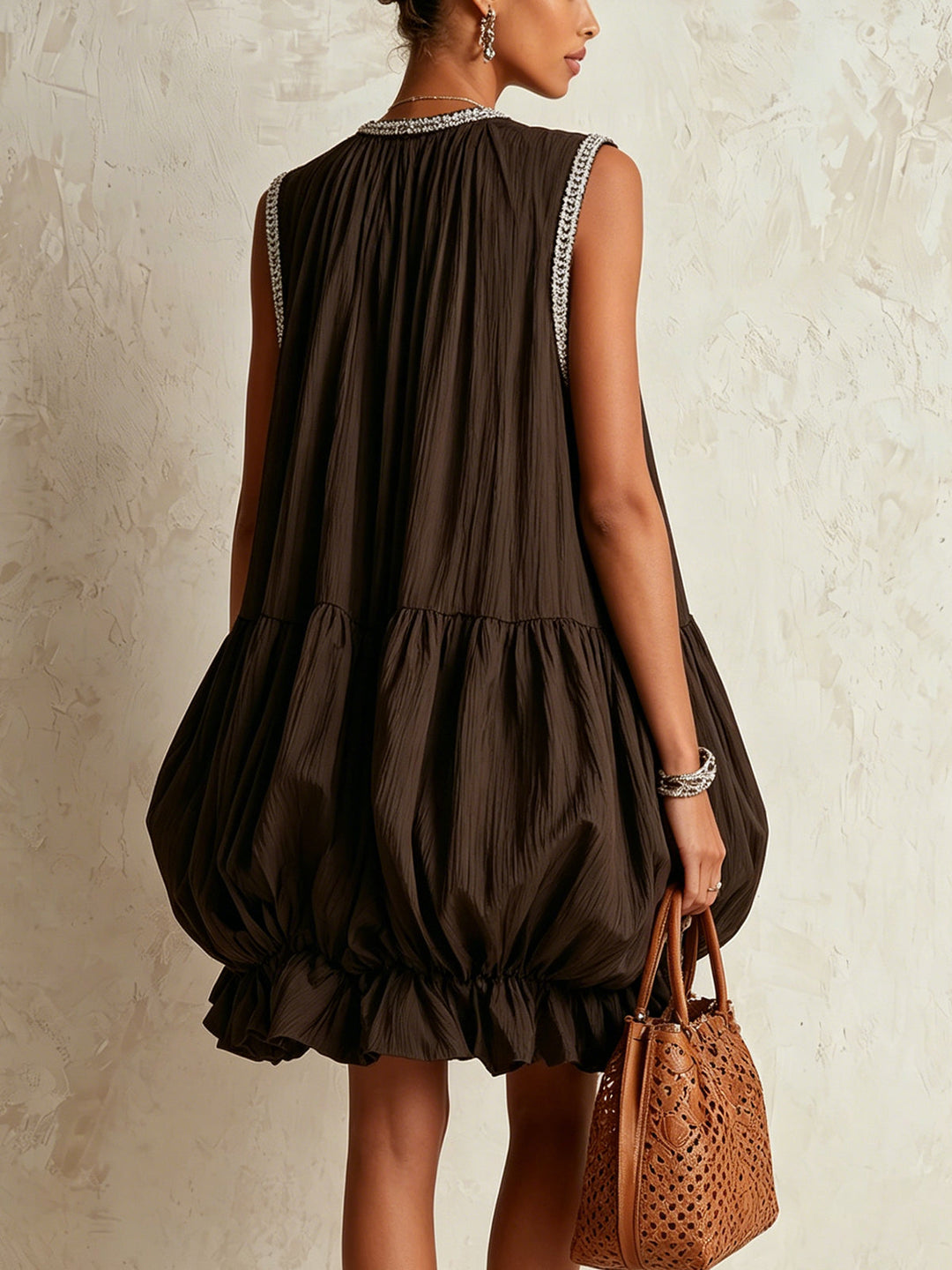 Elvindra | Women's Bubble Hem Mini Dress - Dark Brown - Image 3