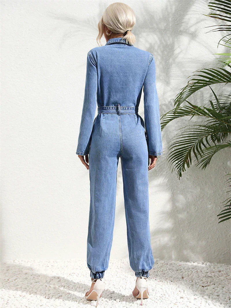 Elysia | Women's Collared Long Sleeve Jumpsuit - Blue - Image 6