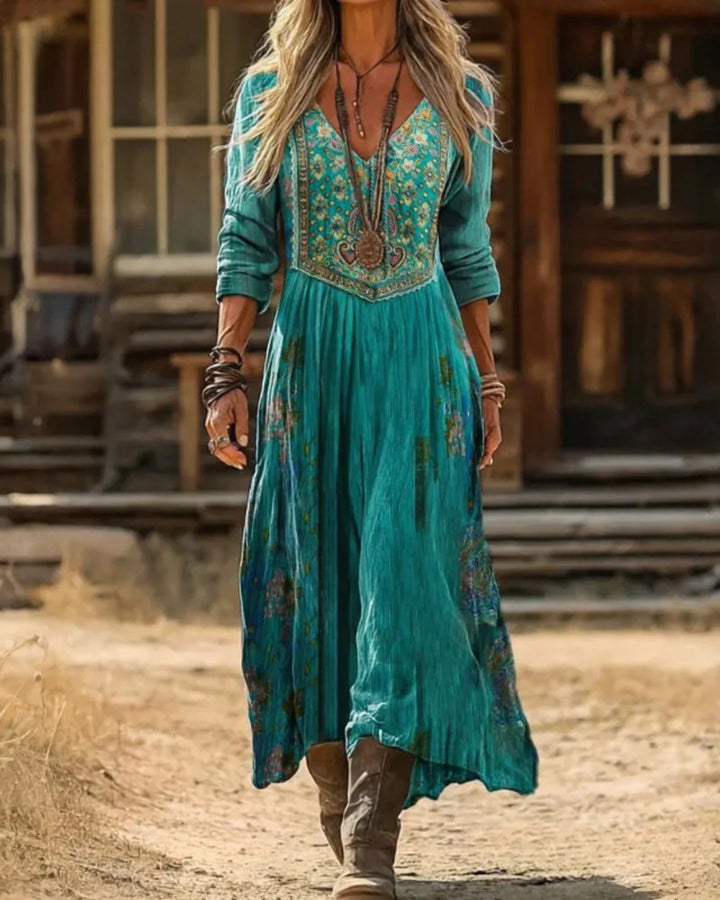 Esmeralda | Women's Embroidered V Neck Maxi Dress - Teal - Image 1