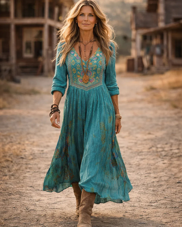 Esmeralda | Women's Embroidered V Neck Maxi Dress - Teal - Image 2