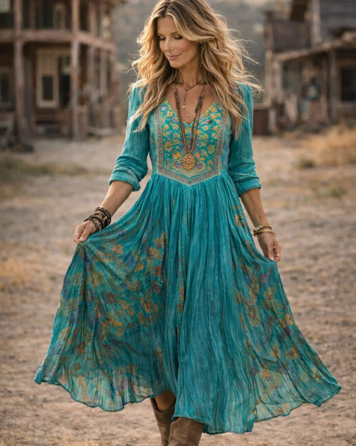 Esmeralda | Women's Embroidered V Neck Maxi Dress - Teal - Image 4