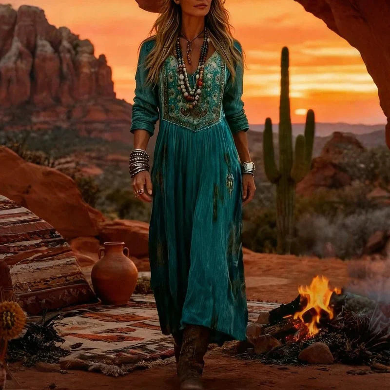 Esmeralda | Women's Embroidered V Neck Maxi Dress - Teal - Image 5