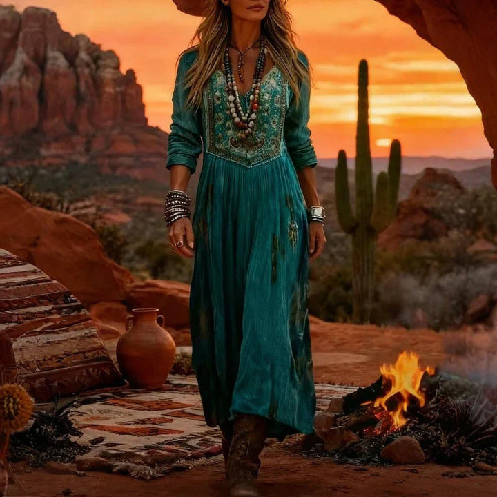 Esmeralda | Women's Embroidered V Neck Maxi Dress - Teal - Image 5