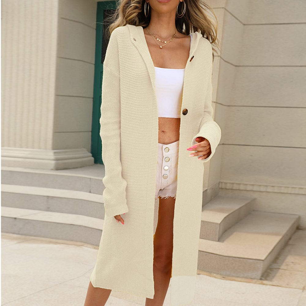 Estelle | Women's Hooded Long Button Cardigan - Beige - Image 1