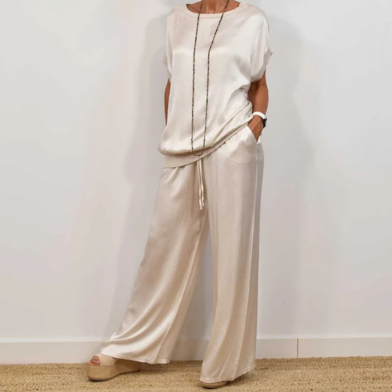 Estelle | Women's Short Sleeve Wide Leg Two-Piece Set - Beige - Image 1