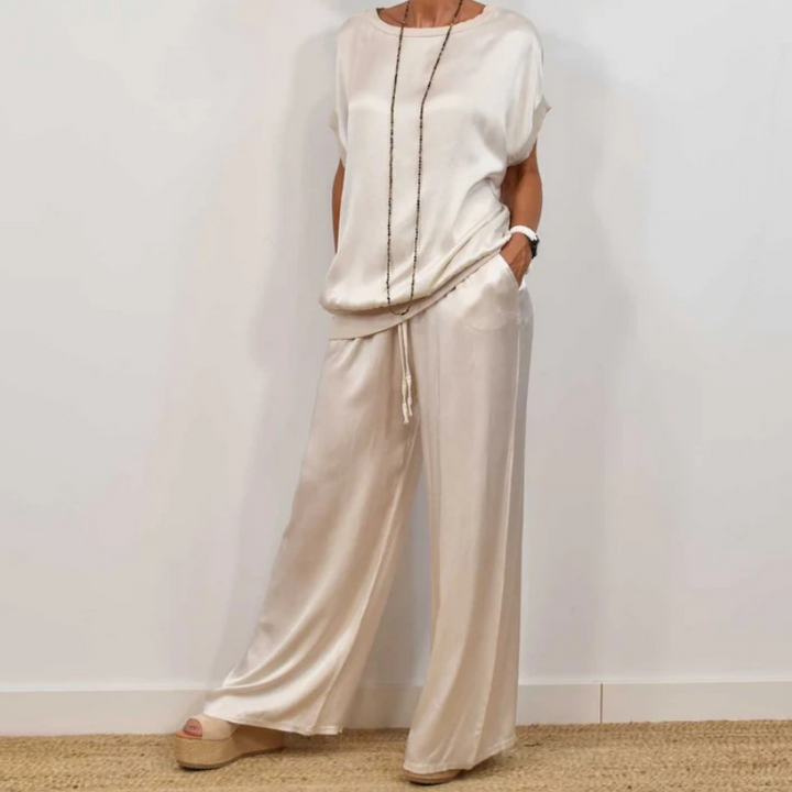 Estelle | Women's Short Sleeve Wide Leg Two-Piece Set - Beige - Image 1
