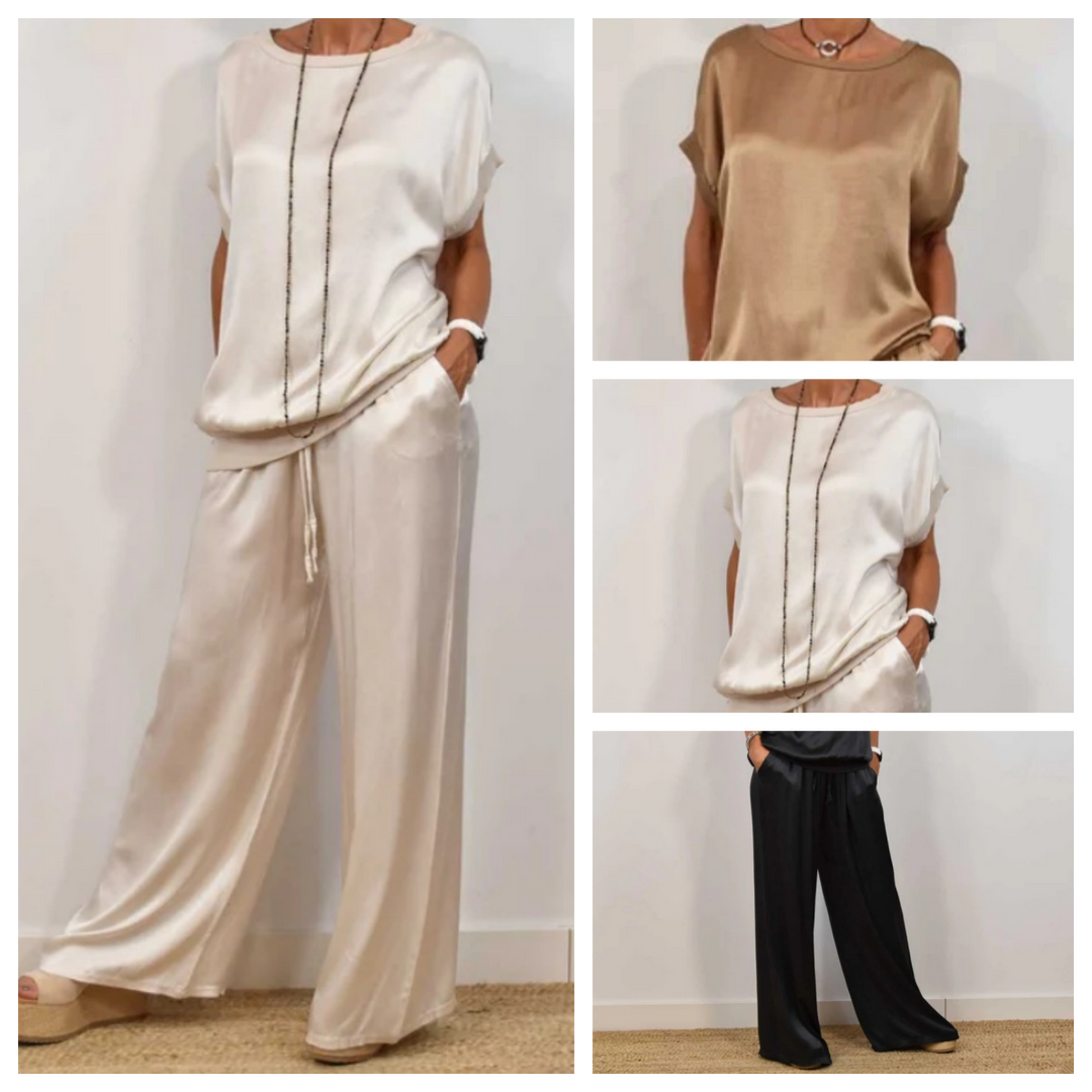 Estelle | Women's Short Sleeve Wide Leg Two-Piece Set - Beige - Image 10
