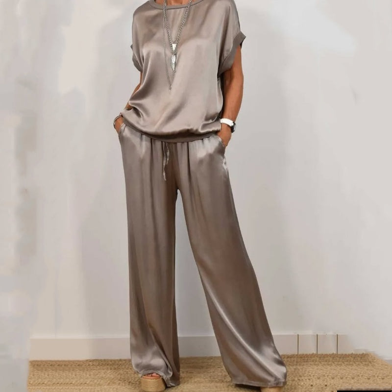 Estelle | Women's Short Sleeve Wide Leg Two-Piece Set - Beige - Image 3