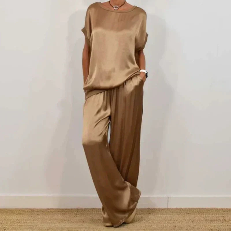 Estelle | Women's Short Sleeve Wide Leg Two-Piece Set - Beige - Image 4