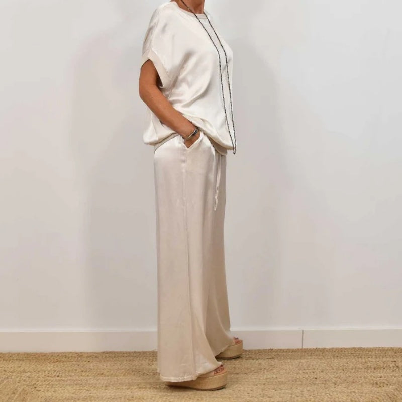 Estelle | Women's Short Sleeve Wide Leg Two-Piece Set - Beige - Image 5