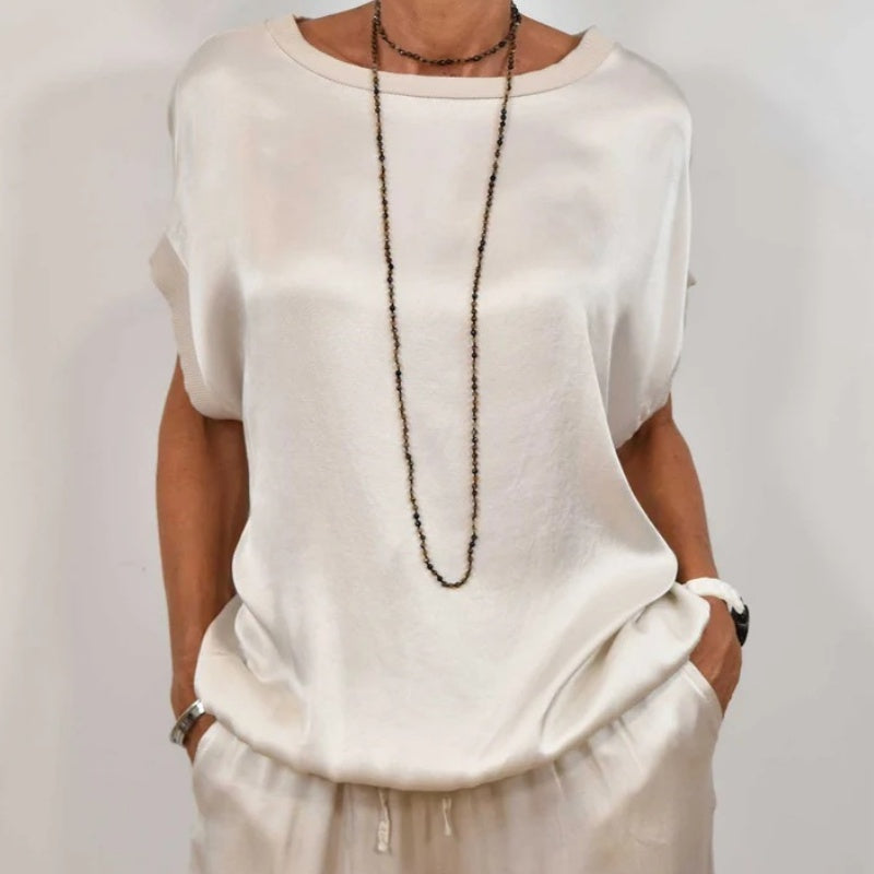 Estelle | Women's Short Sleeve Wide Leg Two-Piece Set - Beige - Image 6