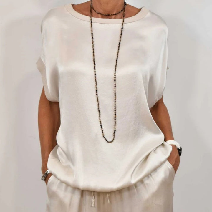 Estelle | Women's Short Sleeve Wide Leg Two-Piece Set - Beige - Image 6