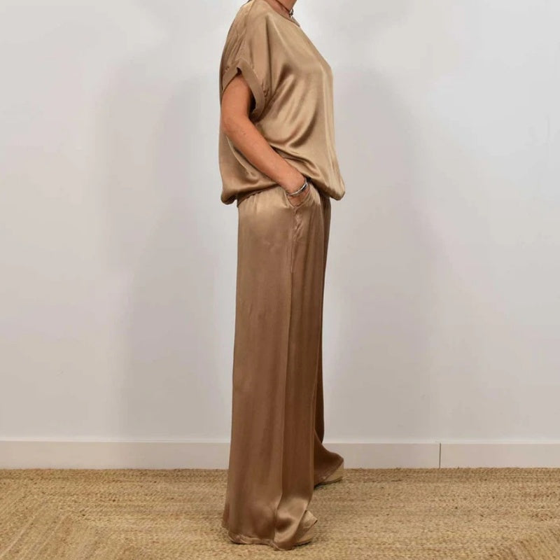 Estelle | Women's Short Sleeve Wide Leg Two-Piece Set - Beige - Image 9
