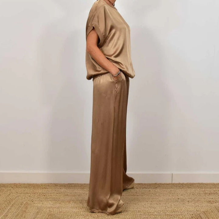 Estelle | Women's Short Sleeve Wide Leg Two-Piece Set - Beige - Image 9