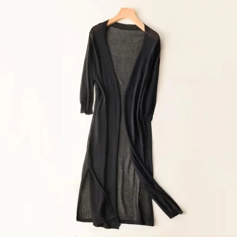 Eudora | Women's Long Open Front Cardigan - Brown - Image 3