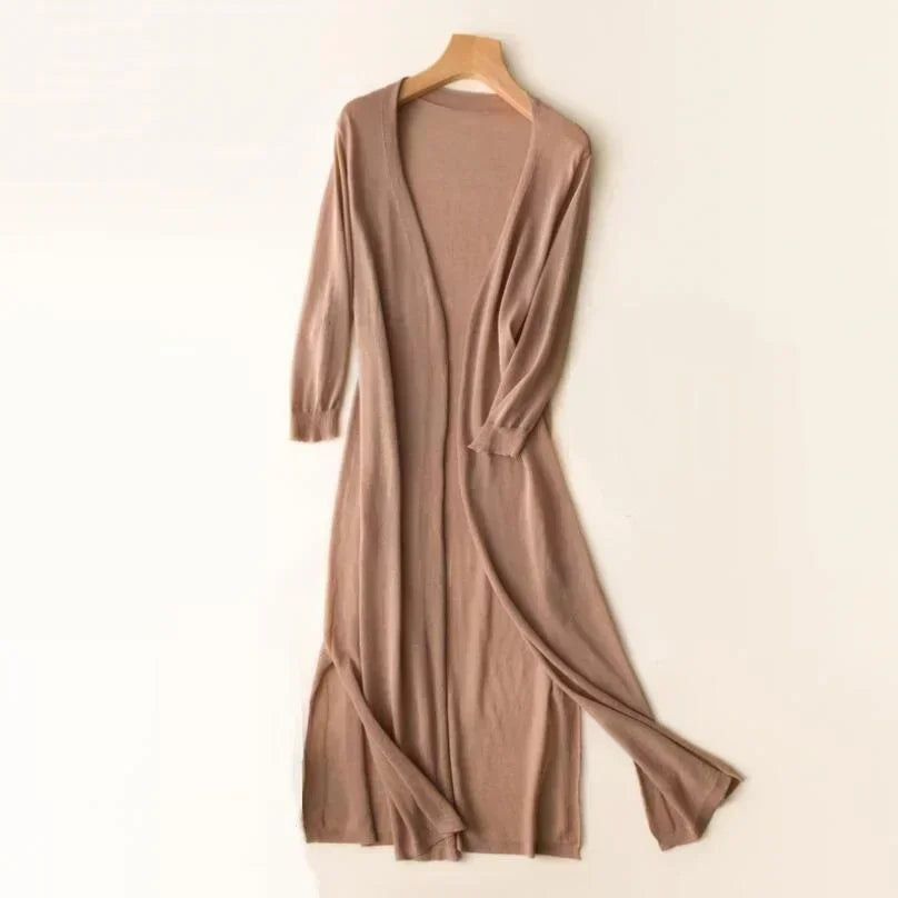Eudora | Women's Long Open Front Cardigan - Brown - Image 7