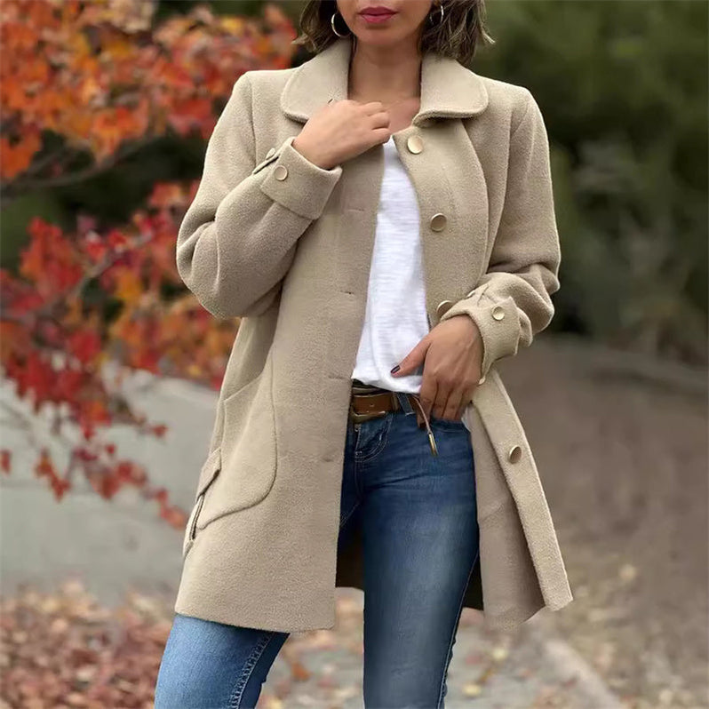 Evangelia | Women's Long Lapel Collar Coat - Beige - Image 1