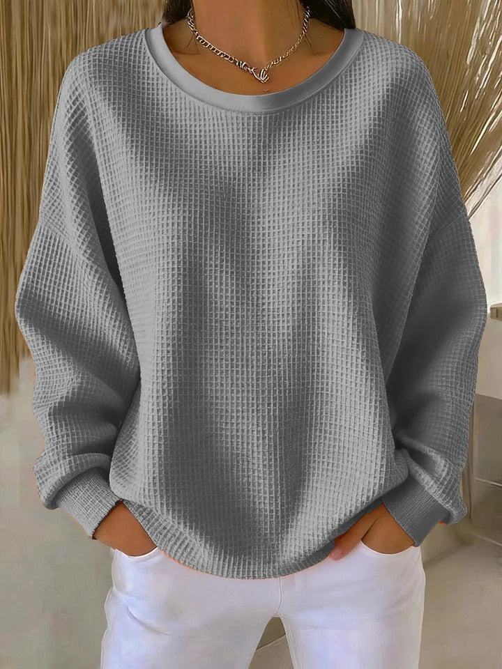 Evangelia | Women's Textured Round Neck Long Sleeve Sweater - Light Blue - Image 3
