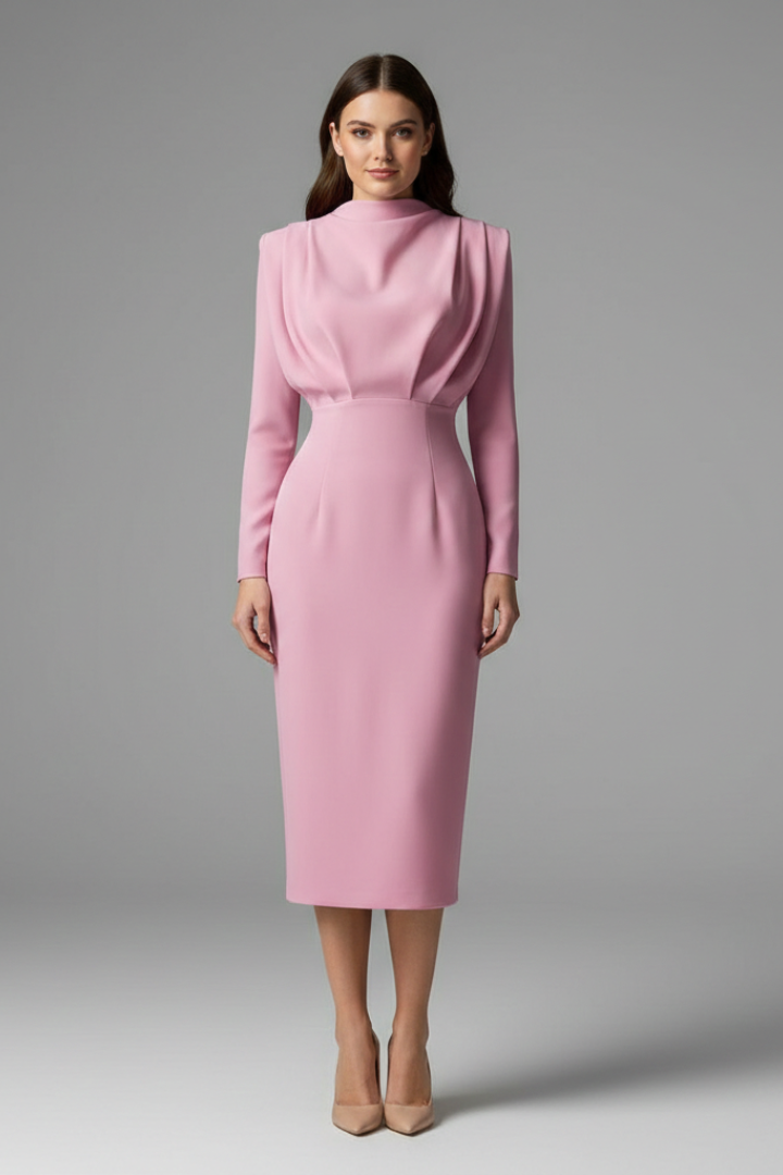 Evangeline | Women's Mock Neck Long Sleeve Maxi Dress - Pink - Image 2