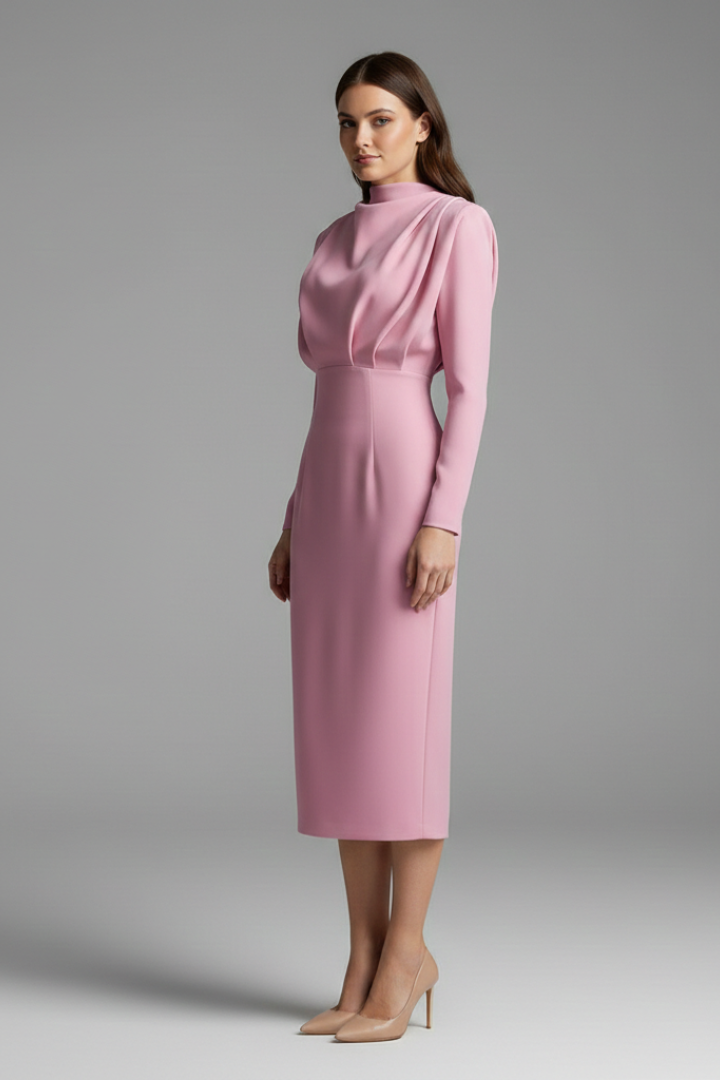 Evangeline | Women's Mock Neck Long Sleeve Maxi Dress - Pink - Image 5