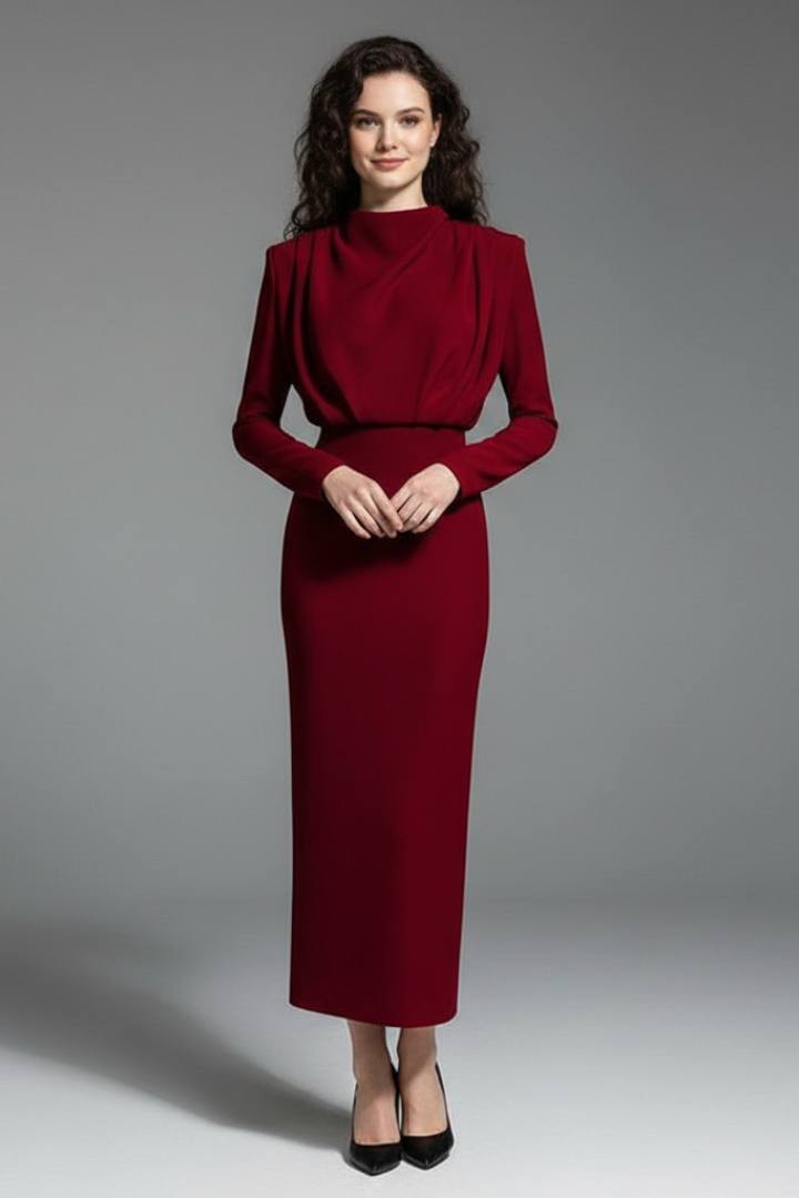 Evangeline | Women's Mock Neck Long Sleeve Maxi Dress - Pink - Image 6