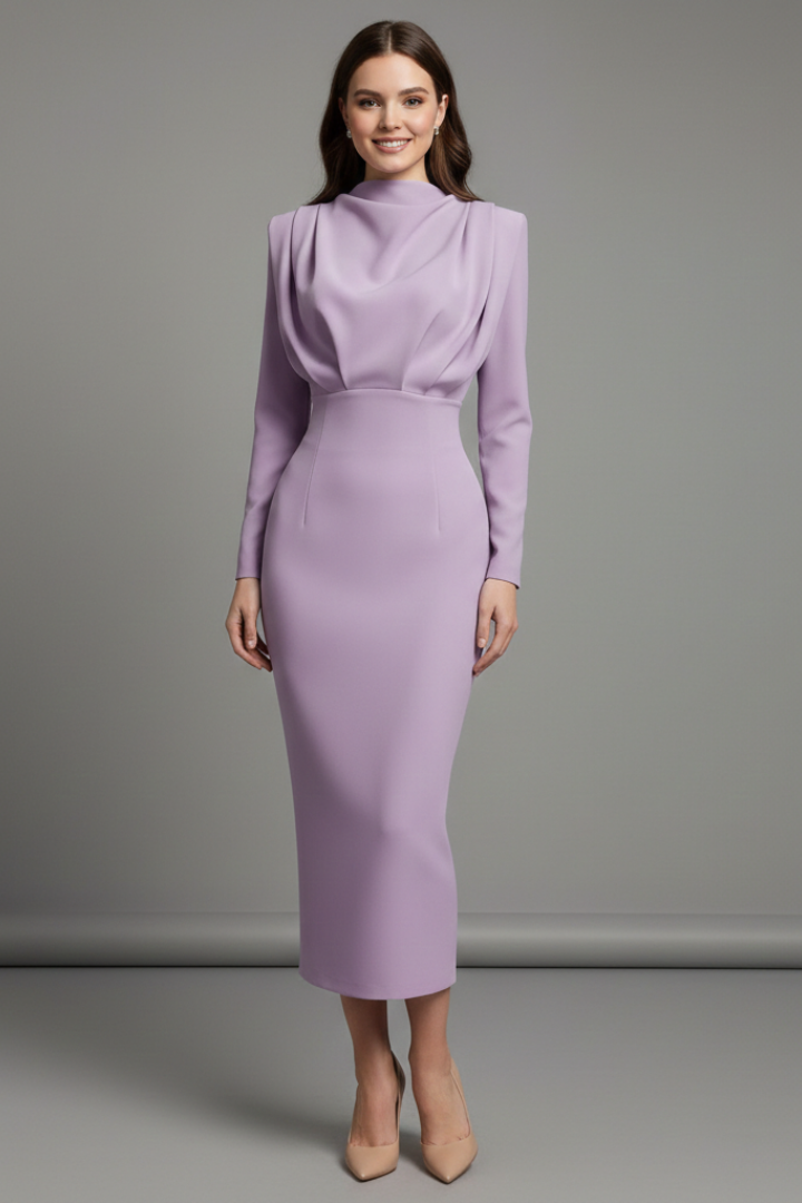 Evangeline | Women's Mock Neck Long Sleeve Maxi Dress - Pink - Image 7