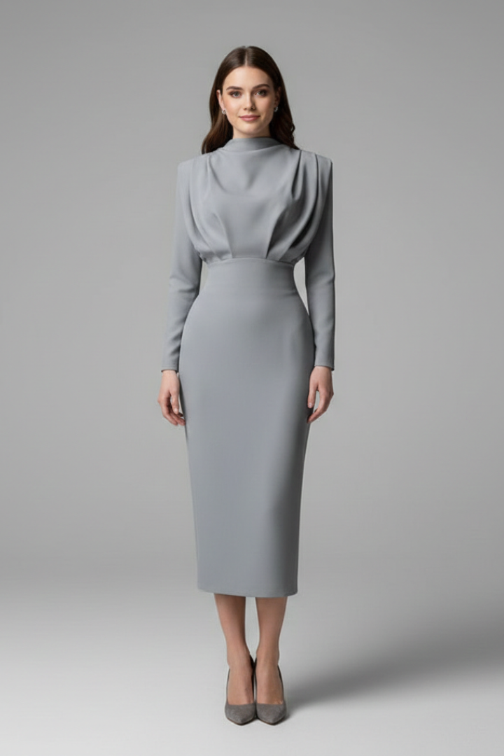 Evangeline | Women's Mock Neck Long Sleeve Maxi Dress - Pink - Image 8