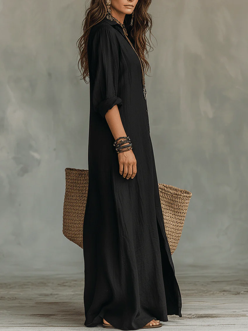 Evangelyn | Women's Button Down V-Neck Maxi Dress - Black - Image 2