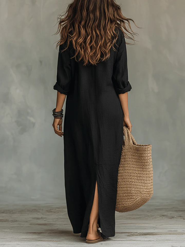 Evangelyn | Women's Button Down V-Neck Maxi Dress - Black - Image 3