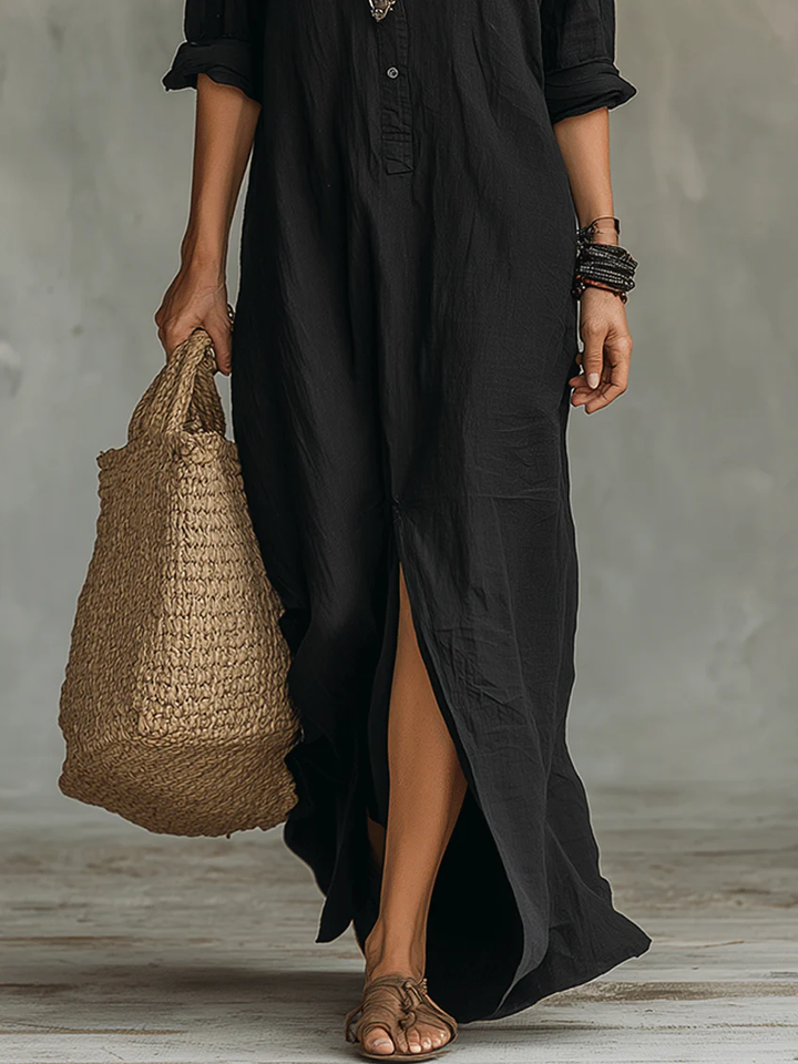 Evangelyn | Women's Button Down V-Neck Maxi Dress - Black - Image 5