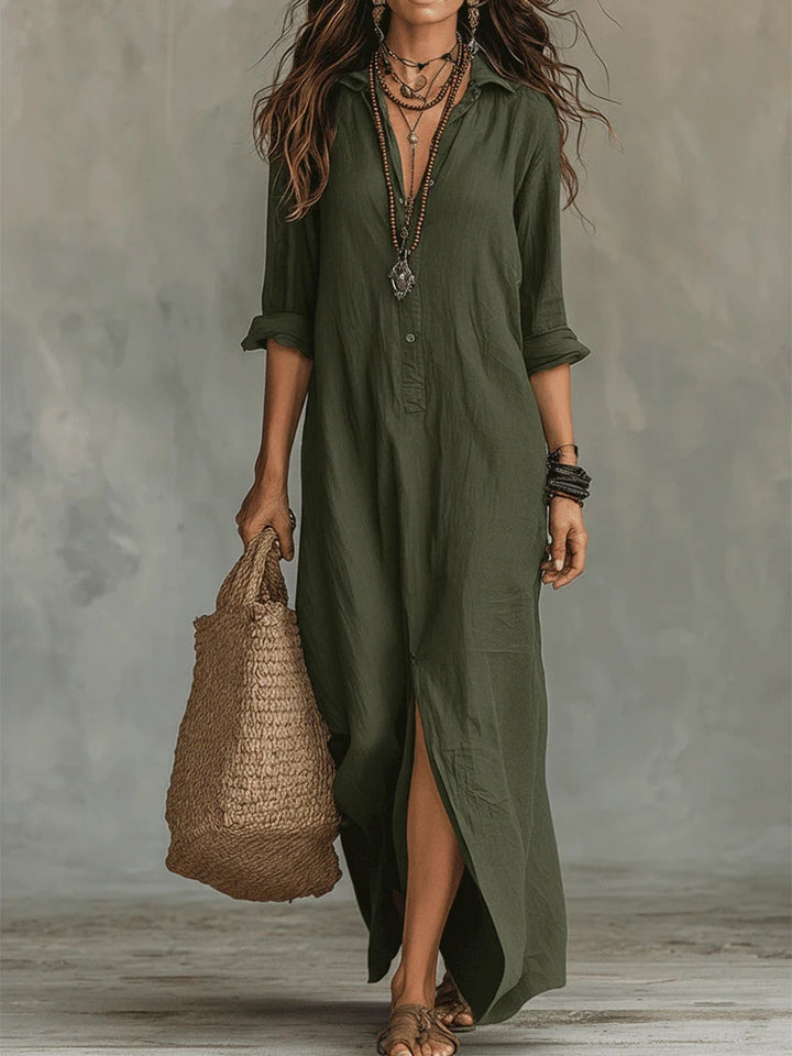 Evangelyn | Women's Button Down V-Neck Maxi Dress - Black - Image 7