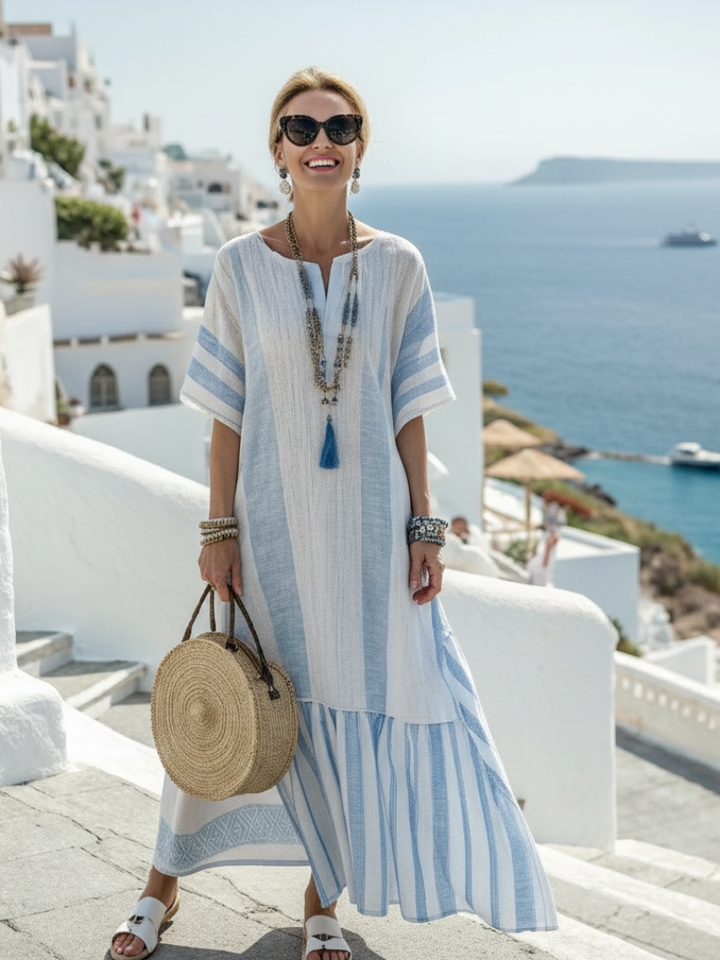 Evanna | Women's Striped Round Neck Maxi Dress - Striped - Image 1