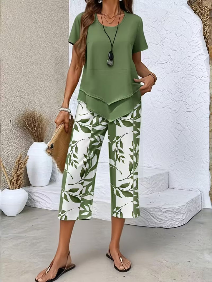 Evelira | Women's Leaf Print Two Piece Wide Leg Set - Green - Image 1