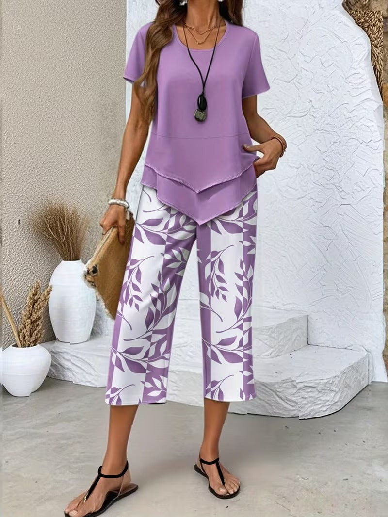 Evelira | Women's Leaf Print Two Piece Wide Leg Set - Green - Image 4