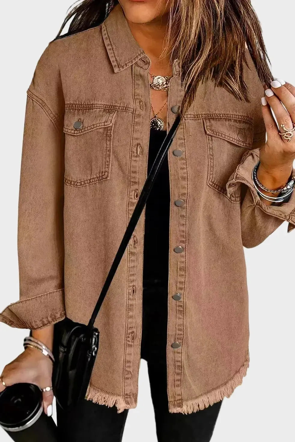 Evelyn | Women's Collared Long Sleeve Overshirt - Brown - Image 1
