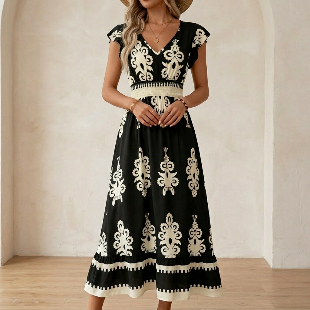 Faolán | Women's Baroque Print Maxi Dress - Black - Image 1