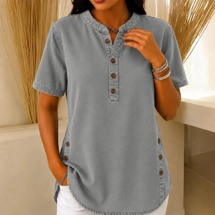 Fenwick | Women's Henley Tunic Top with Side Buttons - Grey - Image 1