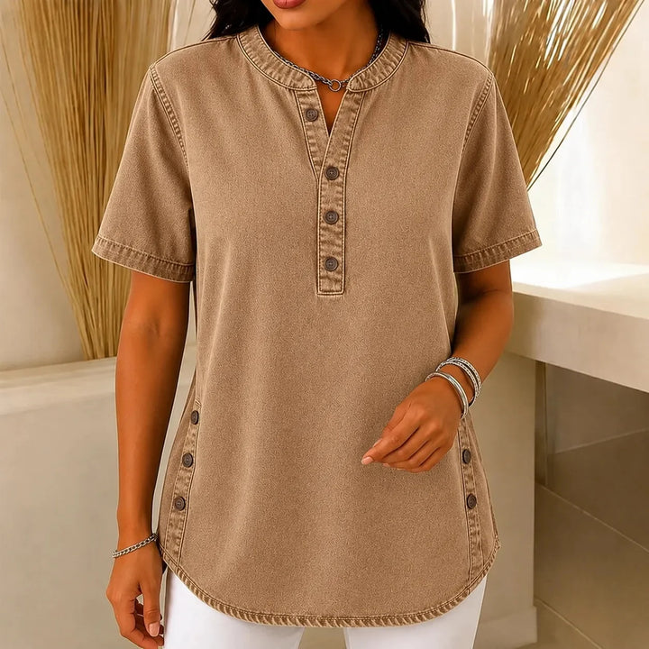 Fenwick | Women's Henley Tunic Top with Side Buttons - Grey - Image 11