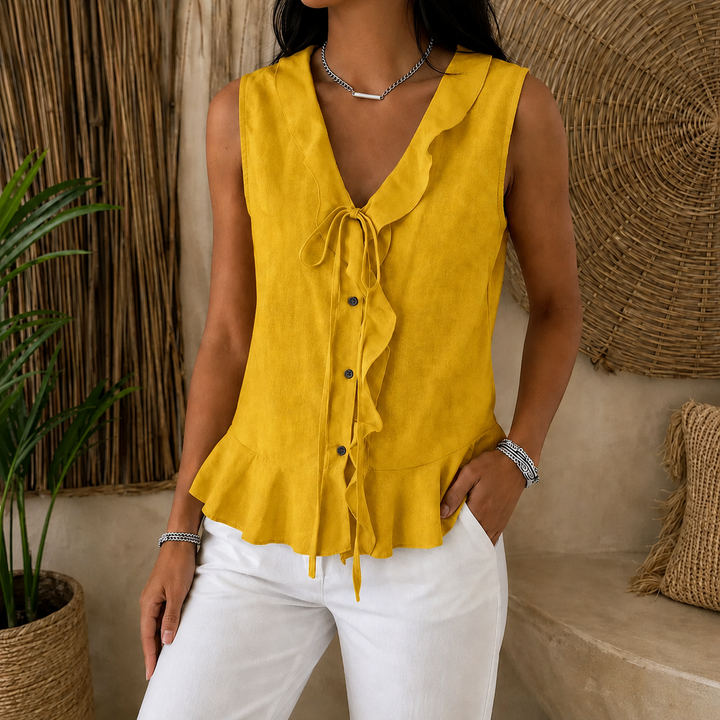 Ferindal | Women's Boho Sleeveless Ruffle Peplum Blouse - Brown - Image 13