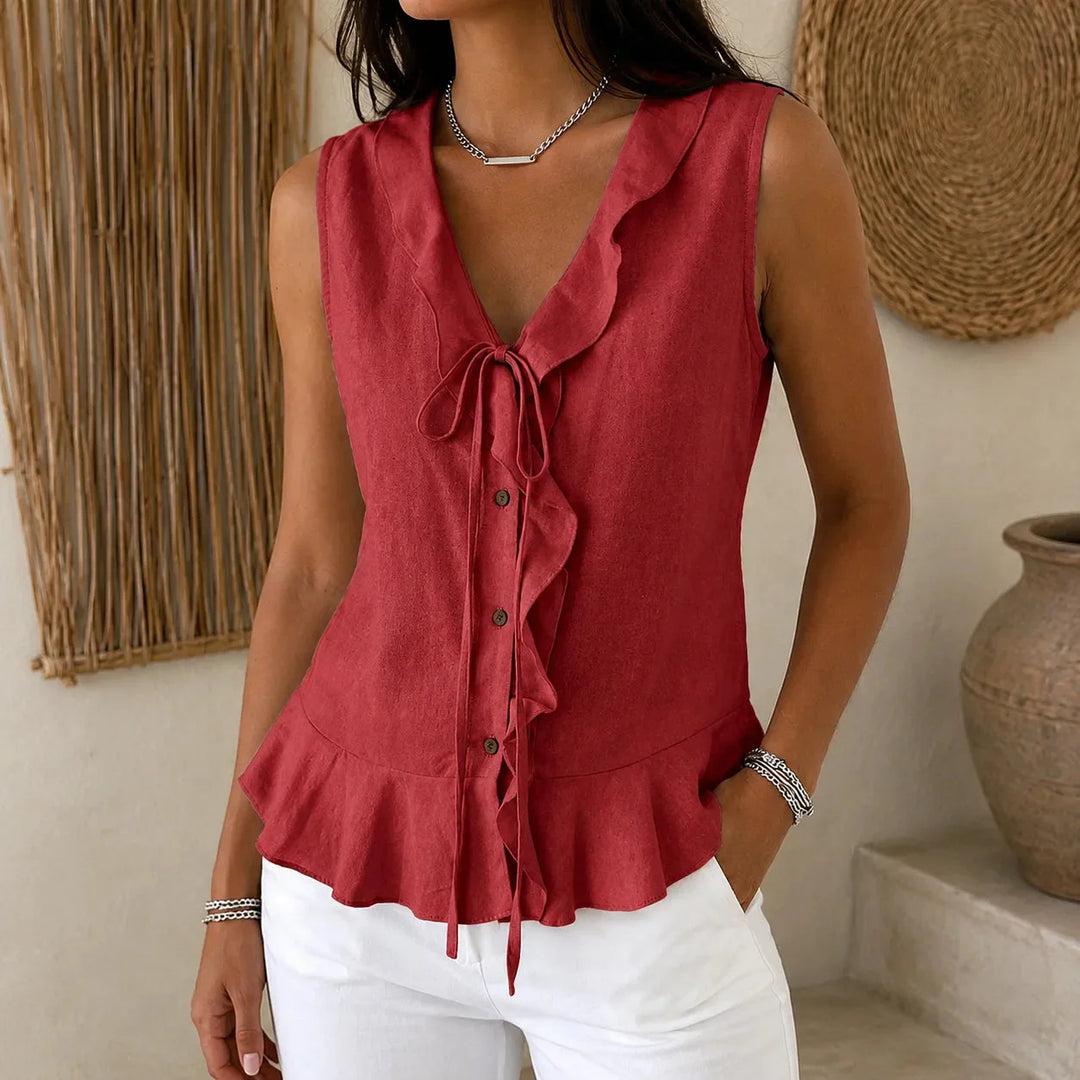 Ferindal | Women's Boho Sleeveless Ruffle Peplum Blouse - Brown - Image 15