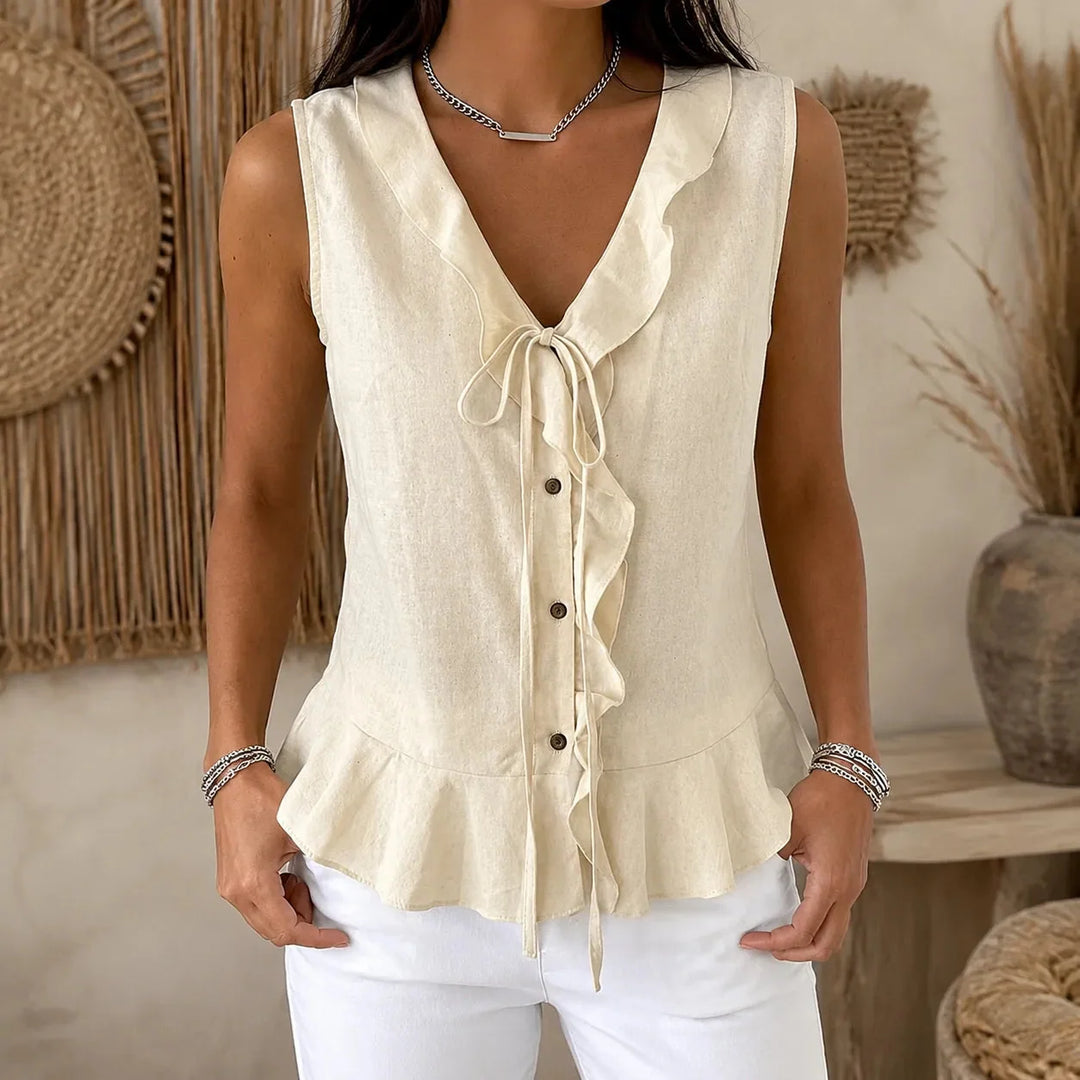 Ferindal | Women's Boho Sleeveless Ruffle Peplum Blouse - Brown - Image 16