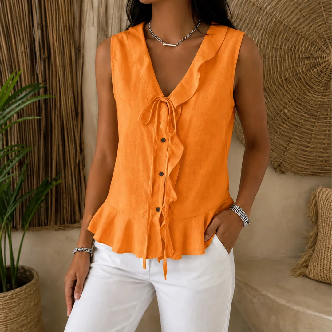 Ferindal | Women's Boho Sleeveless Ruffle Peplum Blouse - Brown - Image 19