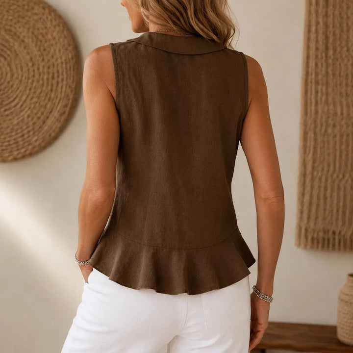 Ferindal | Women's Boho Sleeveless Ruffle Peplum Blouse - Brown - Image 3