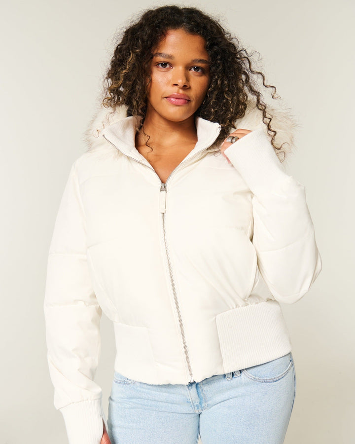 Fernanda | Women's Cropped Hooded Puffer Jacket - Cream - Image 1